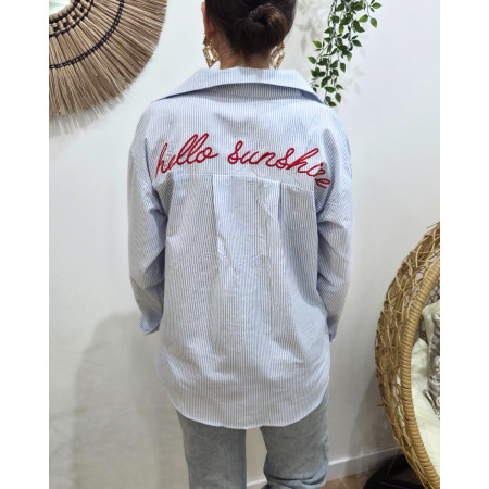 Chemise femme rayé bleu et blanche broderie dos Hello sunshine rouge
