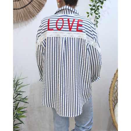 Chemise femme rayée marine et blanche broderies fleuries et LOVE rouge