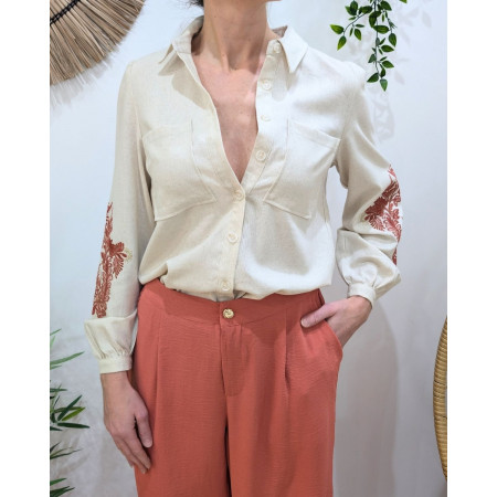 Chemisier femme lin beige broderies manches terracotta