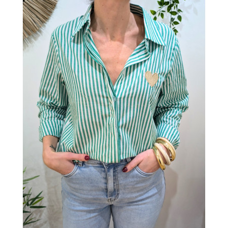 Chemisier femme rayé vert et blanc coeur doré