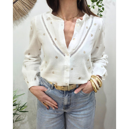 Chemisier femme blanc coton brodé coeurs dorés