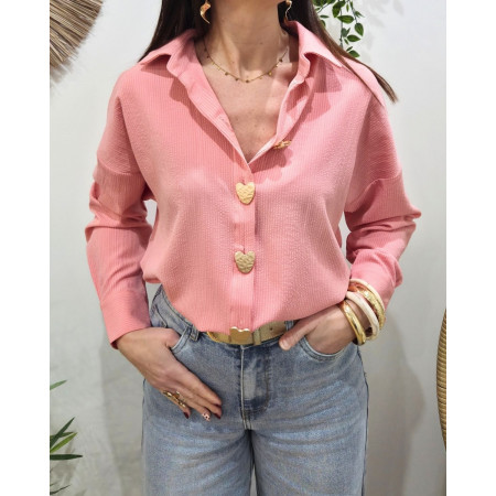 Chemisier femme rayé rose boutons coeurs dorés