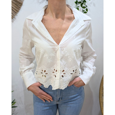 Chemisier femme court écru broderies fleuries Electra