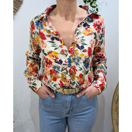 Chemisier femme écru fleurs multicolores Dahlia