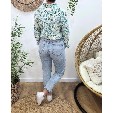 Chemisier femme écru fleurs vertes et bleues Célestina