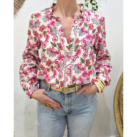 Chemisier femme écru fleurs fuchsia bleues vertes manches brodées Ilaria