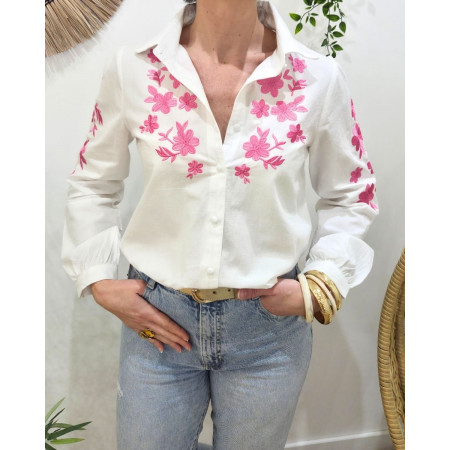 Chemisier femme blanc broderies fleuries roses Xentha