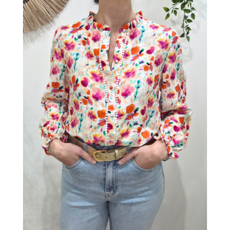 Chemisier femme écru imprimés fleuris oranges fuchsia multicolores