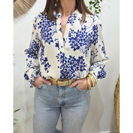 Chemisier femme écru imprimés fleuris bleu électrique Celesta