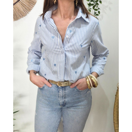 Chemisier femme rayée bleu ciel et écrue petits coeurs brodés bleus