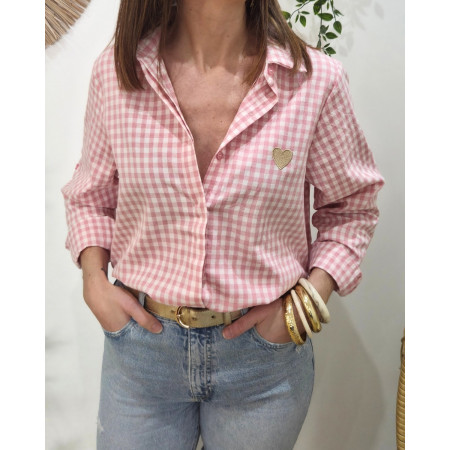 Chemisier femme à carreaux vichy rose et blanche coeur brodé doré