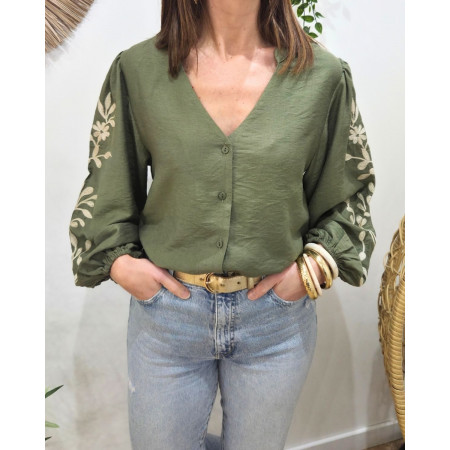 Chemisier femme kaki manches broderies fleuries beiges Altaia