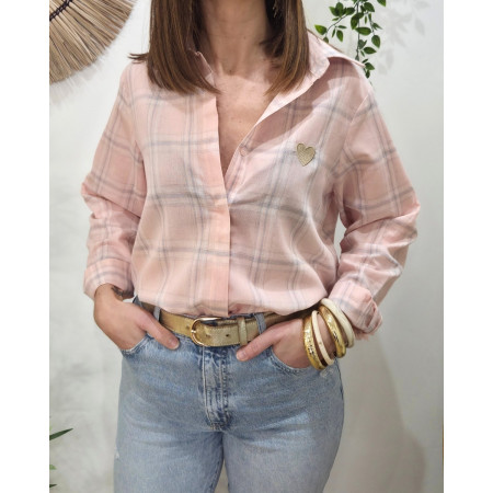 Chemisier femme à carreaux roses et gris coeur brodé doré