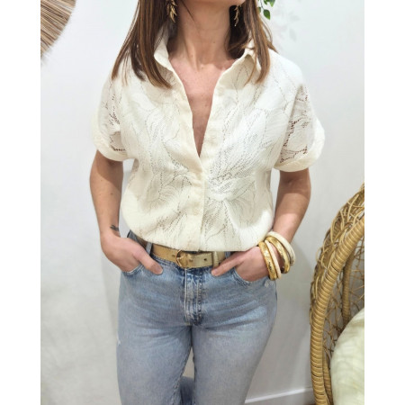 Chemisier femme beige manches courtes effet dentelle Olympia