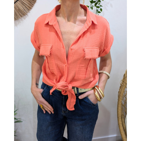 Chemisier femme corail manches courtes en gaze de coton Soren