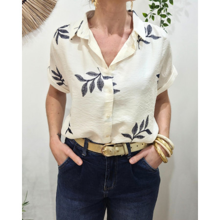 Chemisier femme beige feuilles brodées marines manches courtes 