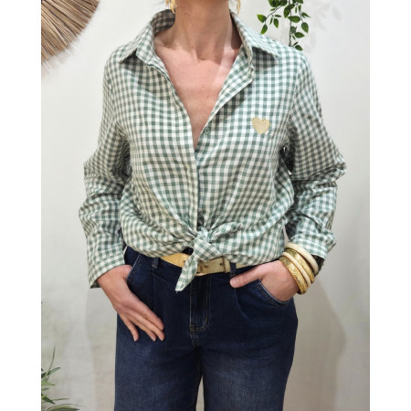 Chemisier femme à carreaux vichy vert et blanc coeur brodé doré