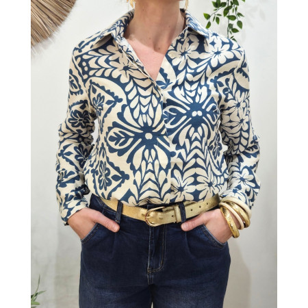 Chemisier femme beige et bleu jean Siloé