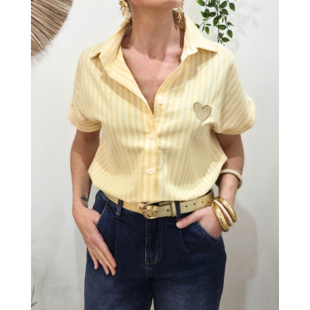 Chemisier femme rayé jaune et écru manches courtes coeur brodé doré