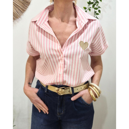 Chemisier femme rayé rose et écru manches courtes coeur brodé doré