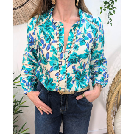 Chemisier femme écru fleurs bleus et vertes manches brodées Amédéa