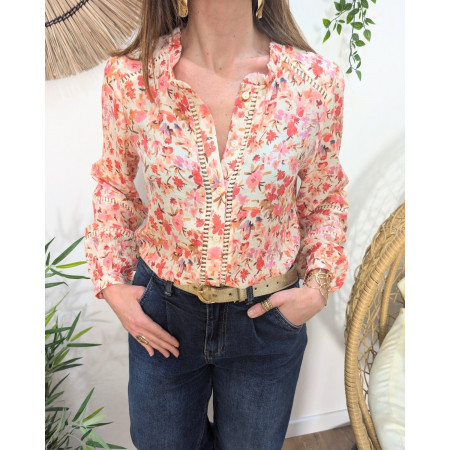 Chemisier femme beige fleurs roses manches brodées Mencía