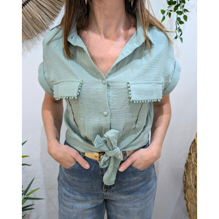 Chemisier femme vert manches courtes en gaze de coton Soren