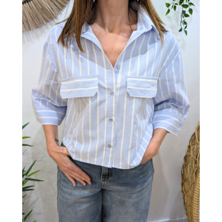 Chemisier court femme rayé bleu et blanc manches 3/4