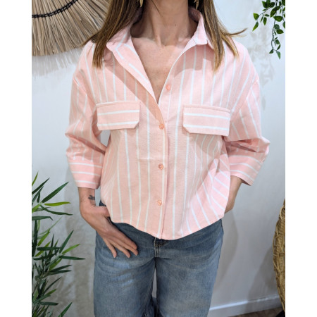 Chemisier court femme rayé rose et blanc manches 3/4