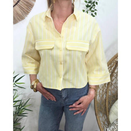 Chemisier court femme rayé jaune et blanc manches 3/4