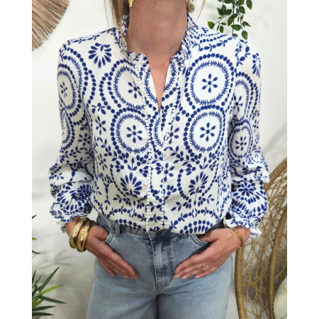 Chemisier femme manches longues blanc et bleu roi Elna
