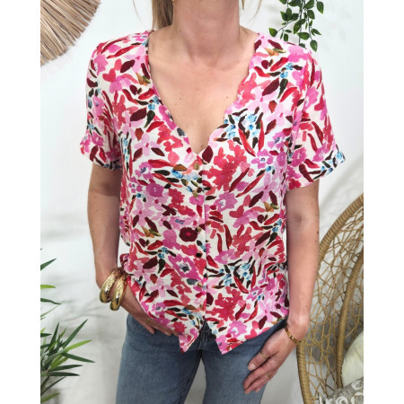 Chemisier femme manches courtes motifs roses multicolores Brizia