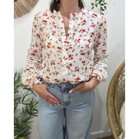 Chemisier femme écru fleurs oranges et rouges Fiammetta