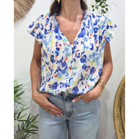 Chemisier femme manches courtes motifs fleuris bleus Carmela