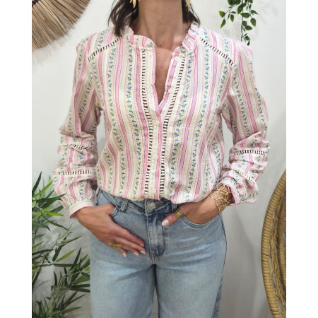 Chemisier femme blanc rayures fuchsia fleurs jaunes et bleues