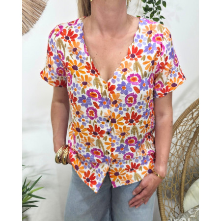 Chemisier femme manches courtes rose orange et violet Isotta