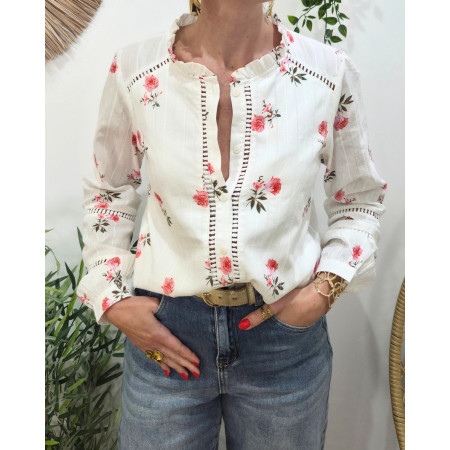 Chemisier femme blanc fleurs roses Fabiana