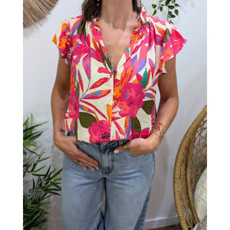 Chemisier femme manches courtes beige fleurs fuchsias oranges kaki Majkenia