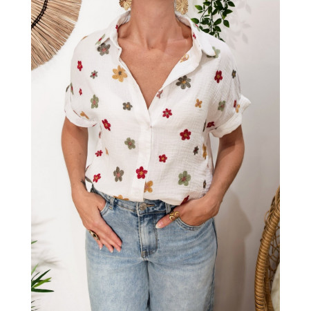 Chemisier femme coton gaze blanc fleurs brodées kaki moutarde et rouges