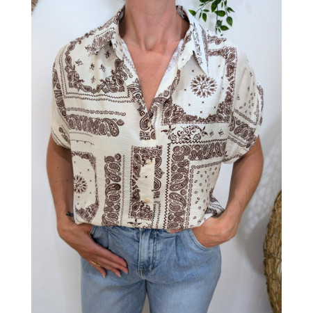 Chemisier femme beige et marron  manches courtes