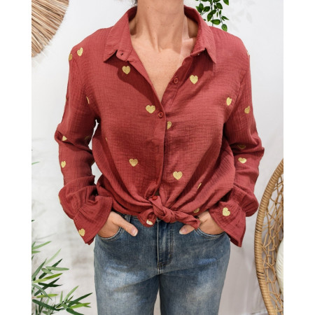 Chemisier femme coton gaze terracotta coeurs brodés dorés