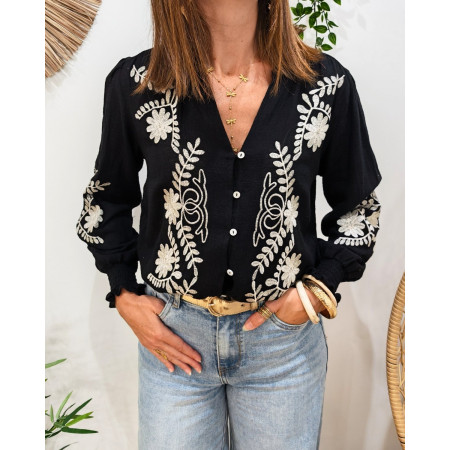 Chemisier femme coton noir broderies blanches Octavia