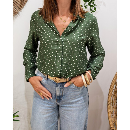 Chemisier femme kaki à pois beiges