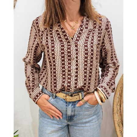 Chemisier femme beige motifs terracotta Melania