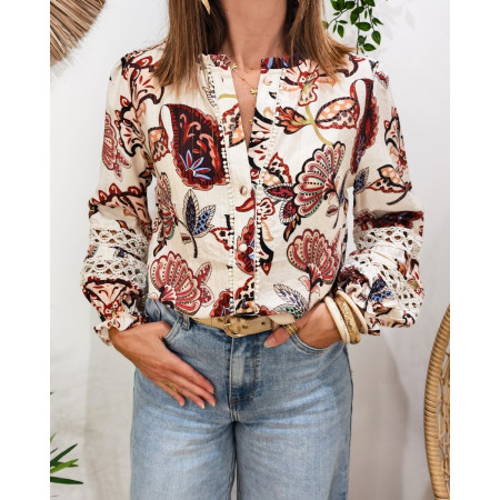 Chemisier femme beige fleurs terracotta multicolores Maddalena