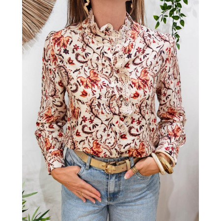 Chemisier femme beige fleurs orangées col brodé beige Alice