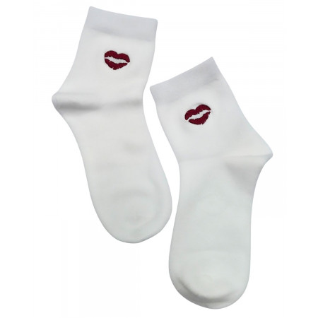 Chaussettes femme blanches broderie lèvres rouges