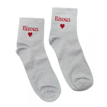 Chaussettes femme blanches pailletées Bisous coeur rouge