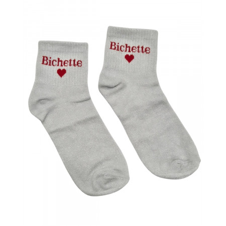 Chaussettes femme blanches pailletées Bichette coeur rouge