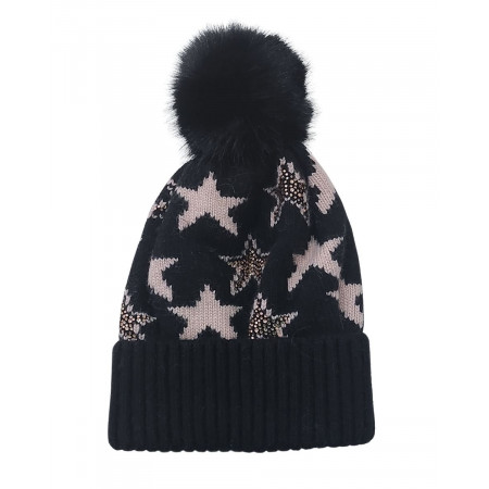 Bonnet femme noir étoiles roses et strass à pompon